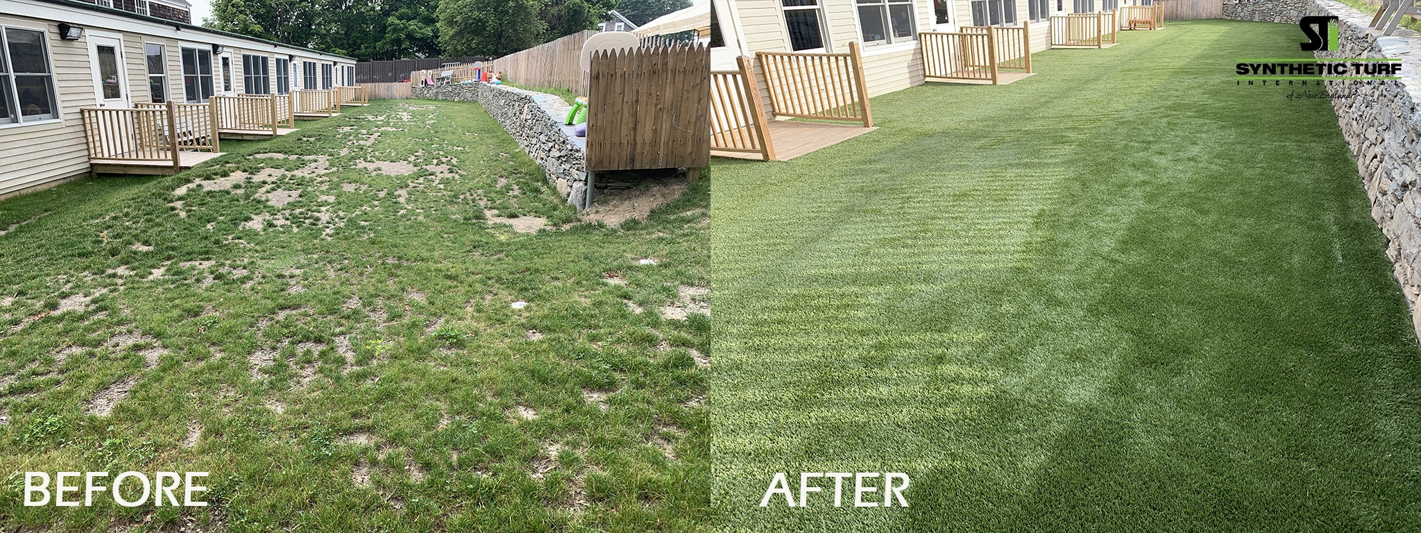 Before and after artificial turf transformation showing patchy yard converted to lush green lawn